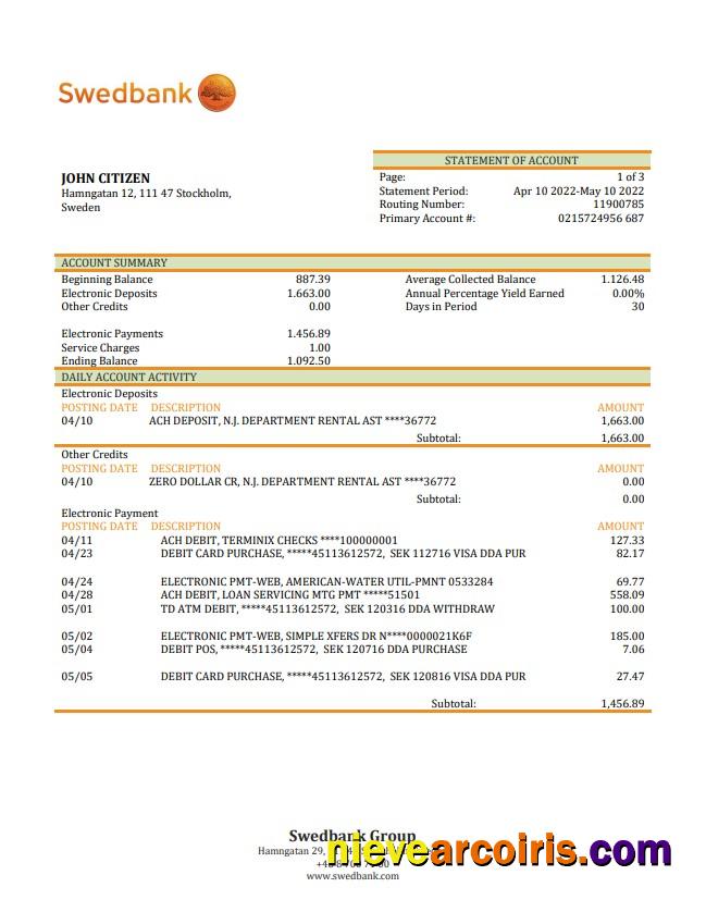 Sweden Swedbank bank statement